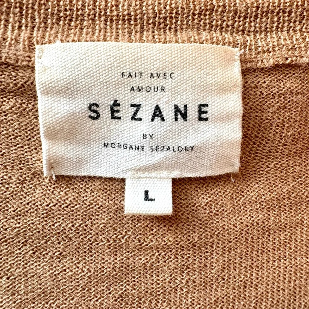 Sezane Virgin Wool Colorblock Cardigan Tan Cream Red L Quiet Luxury Chic Stretch